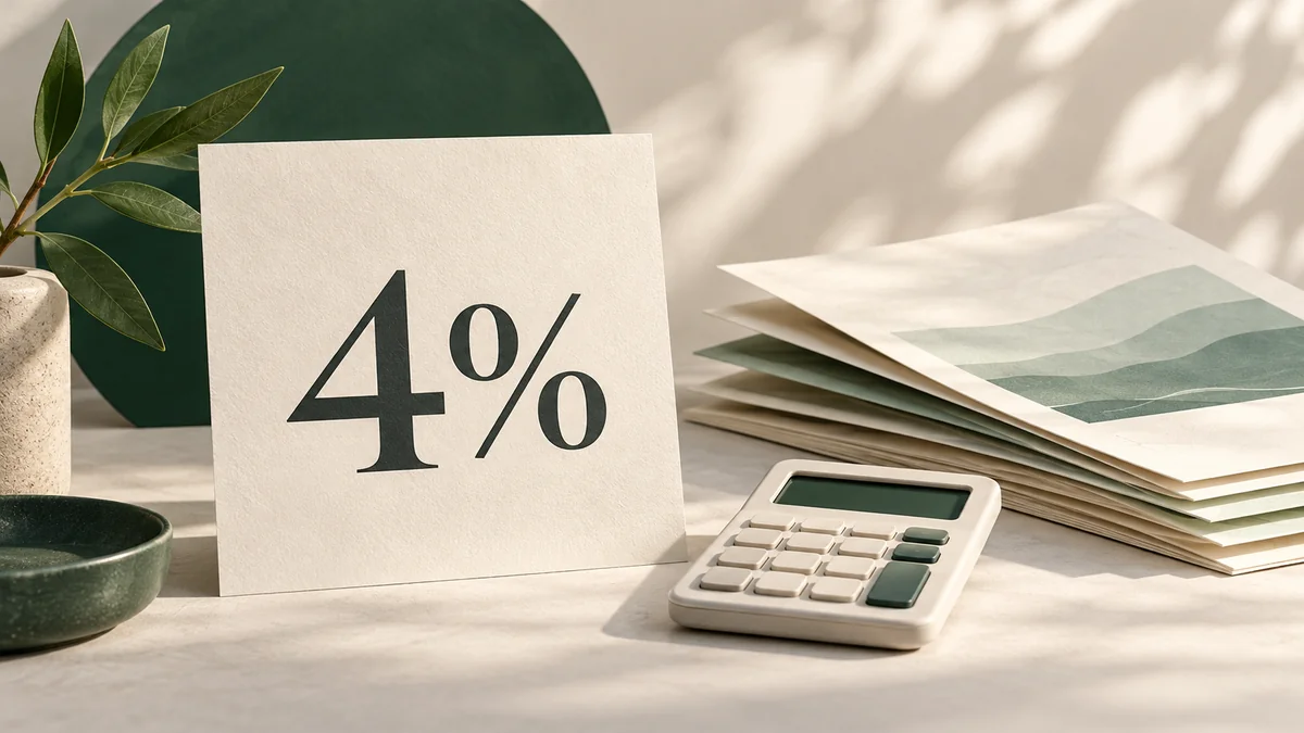 An ivory card printed with 4%, beside a calculator and layered paper in forest green and cream.